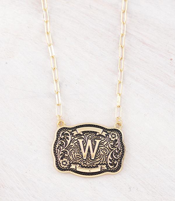Western Initial Buckle Necklace - Gold