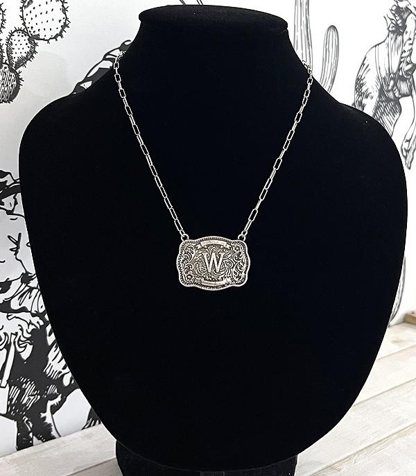 Western Initial Buckle Necklace - Silver