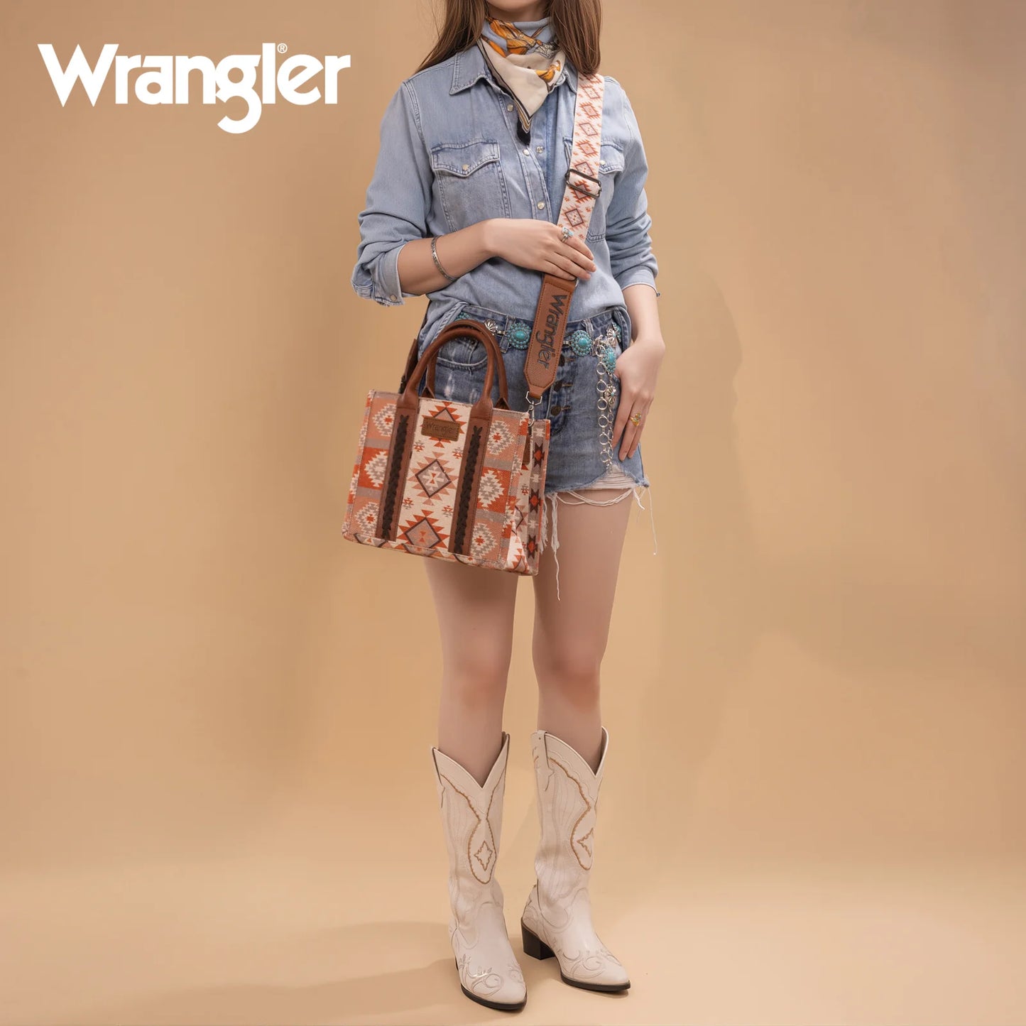 Wrangler Aztec Pattern Dual Sided Print -Tote/Crossbody -Tan