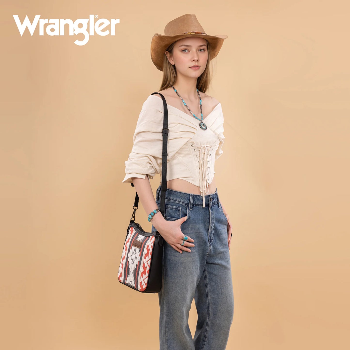 Wrangler Sherpa Aztec Canvas Crossbody - Black