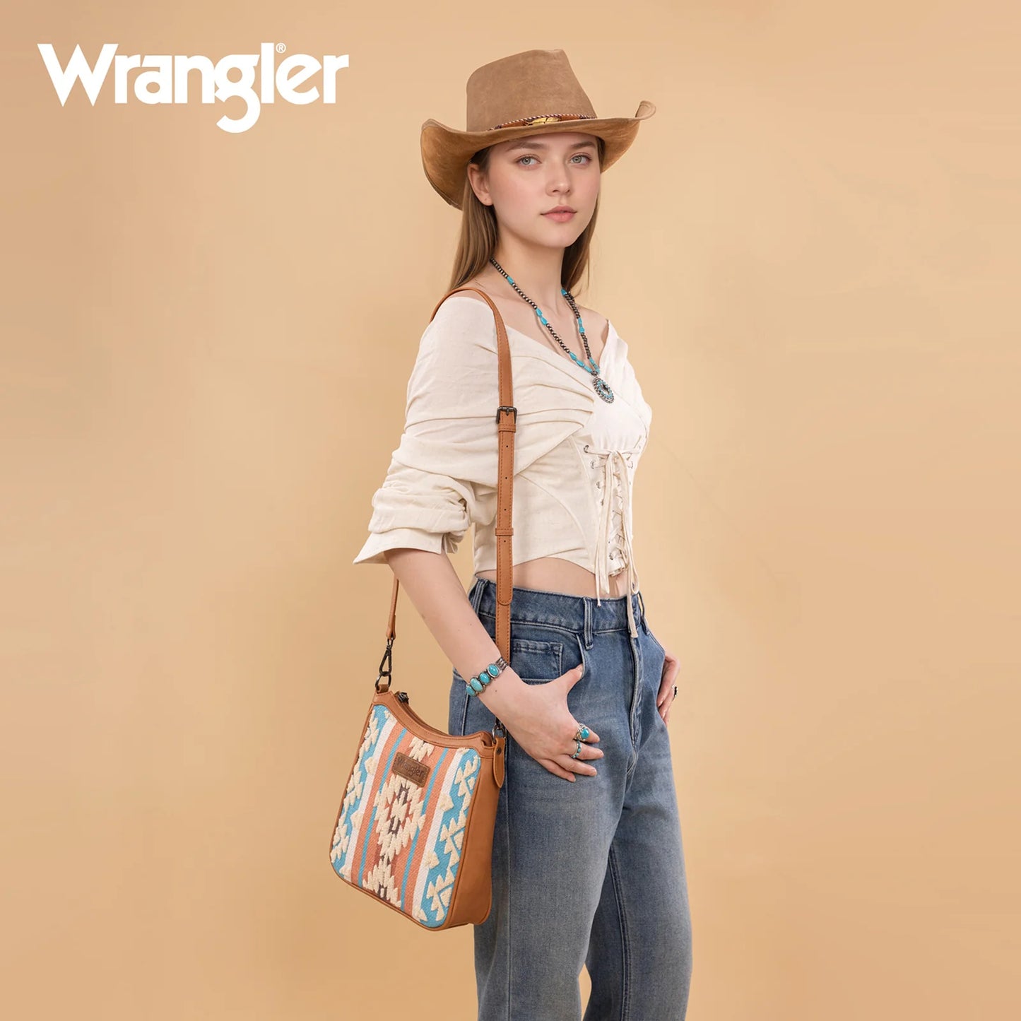 Wrangler Sherpa Aztec Canvas Crossbody - Brown