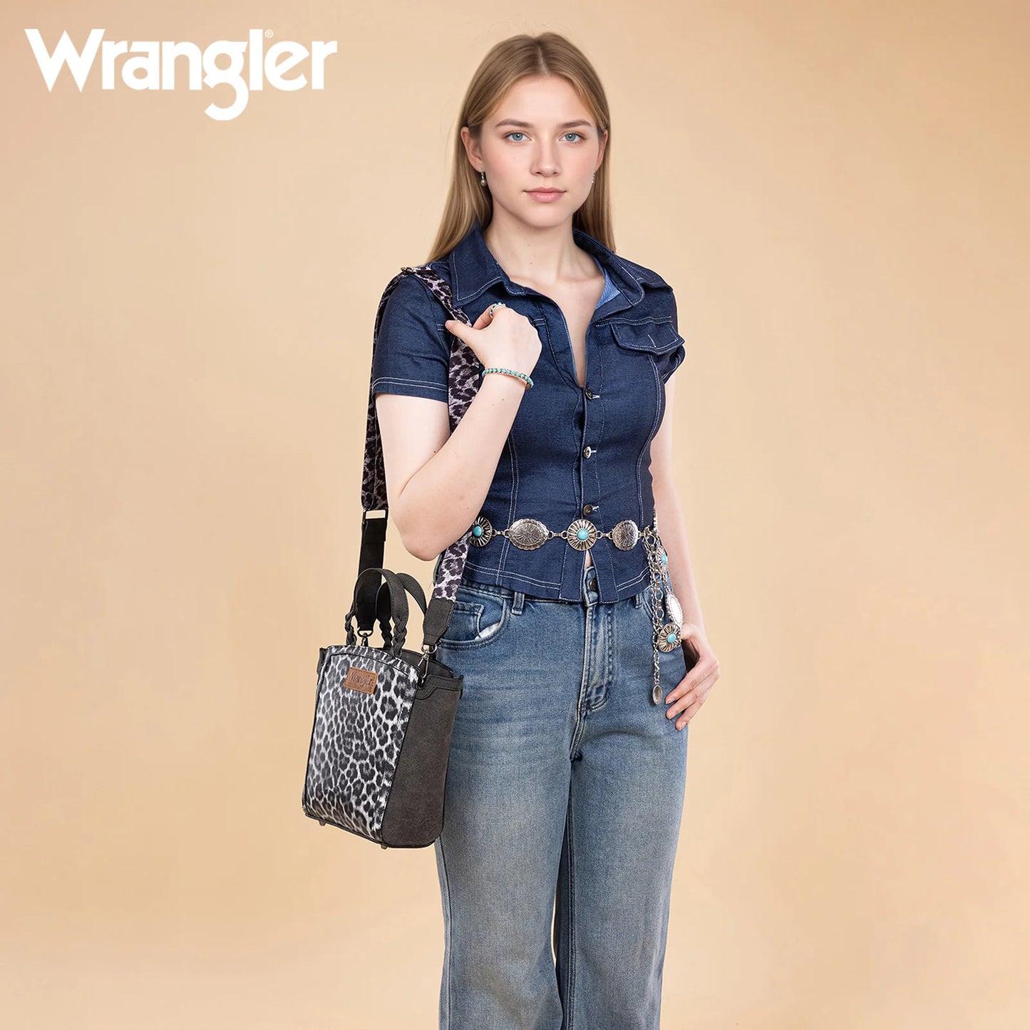 Wrangler Leopard Print Braided Handle Tote/Crossbody - Black