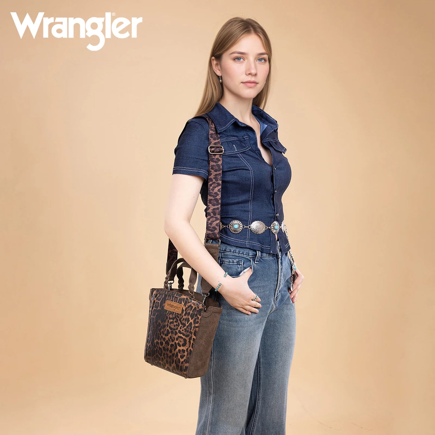 Wrangler Leopard Print Braided Handle Tote/Crossbody - Coffee