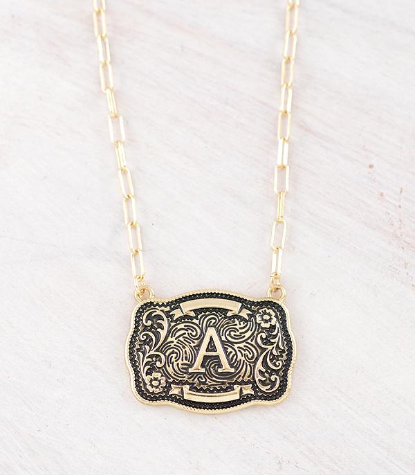 Western Initial Buckle Necklace - Gold