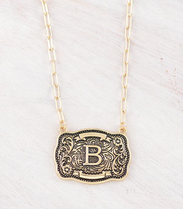 Western Initial Buckle Necklace - Gold
