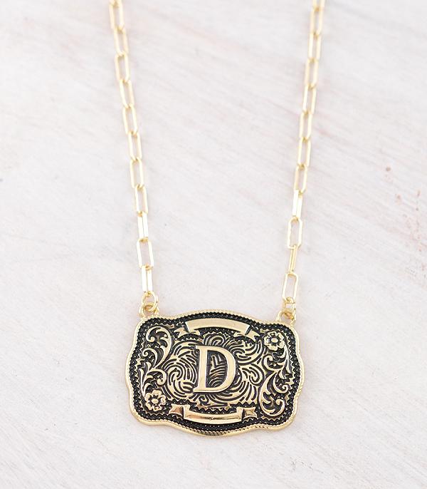 Western Initial Buckle Necklace - Gold