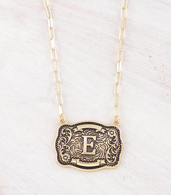 Western Initial Buckle Necklace - Gold