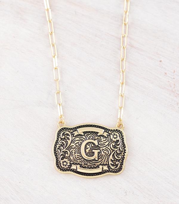 Western Initial Buckle Necklace - Gold