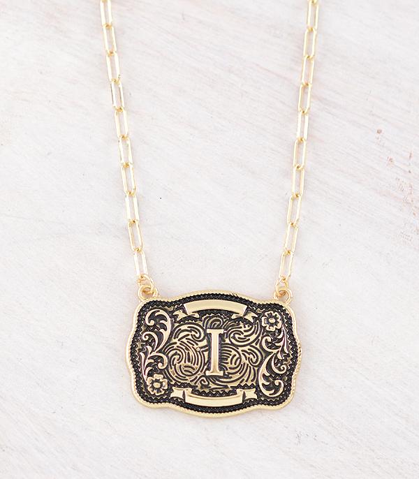 Western Initial Buckle Necklace - Gold