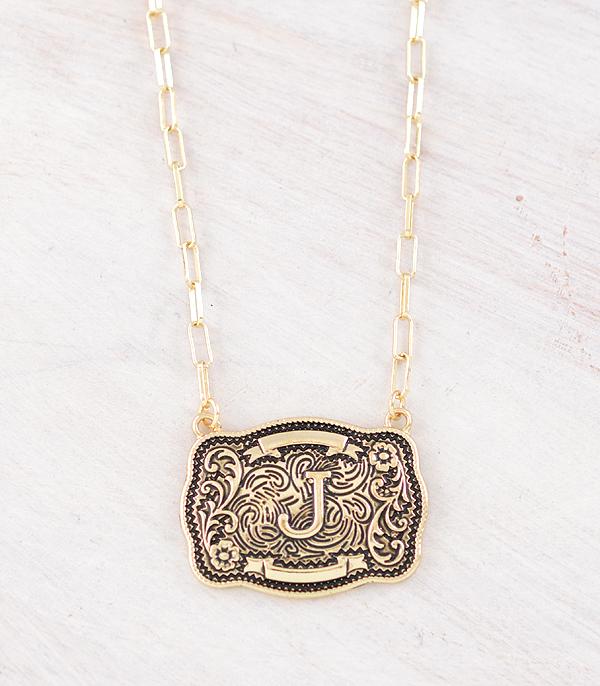 Western Initial Buckle Necklace - Gold