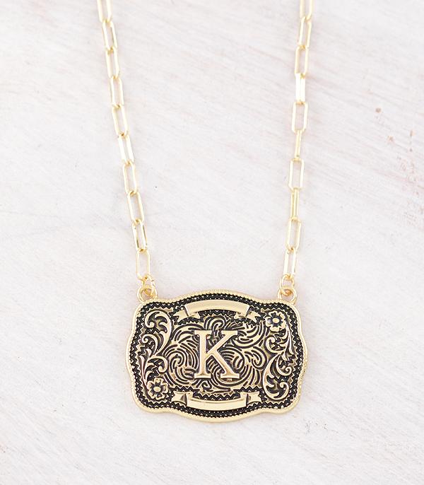 Western Initial Buckle Necklace - Gold
