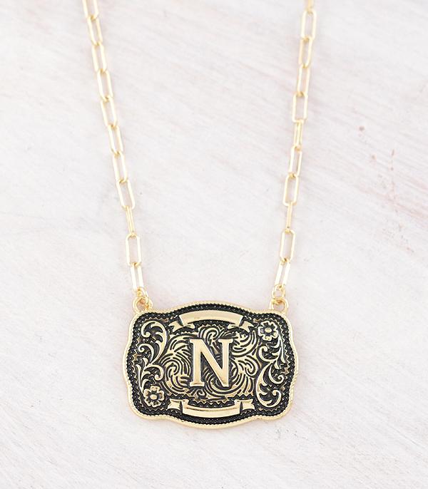 Western Initial Buckle Necklace - Gold