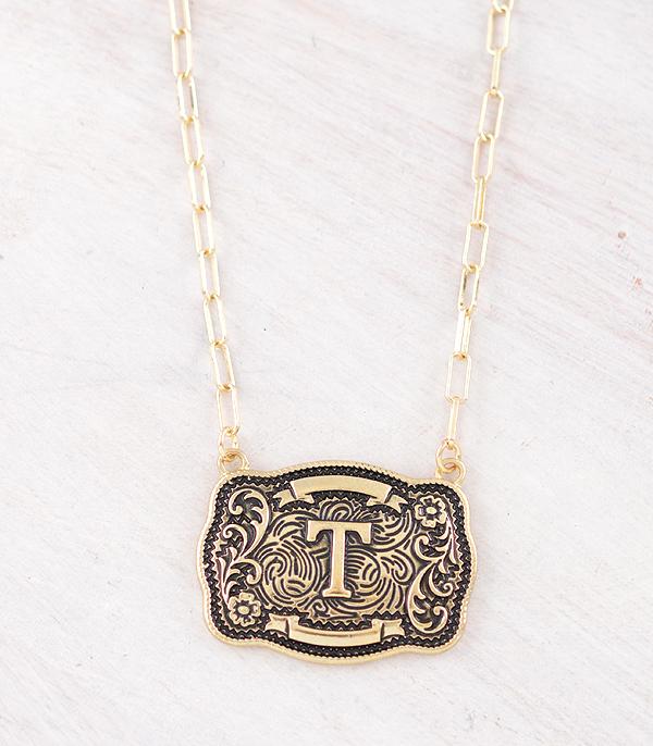 Western Initial Buckle Necklace - Gold