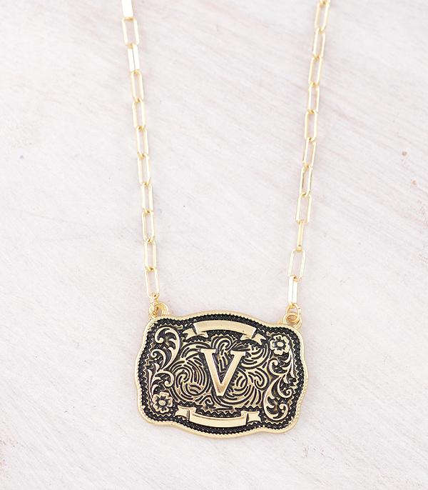 Western Initial Buckle Necklace - Gold