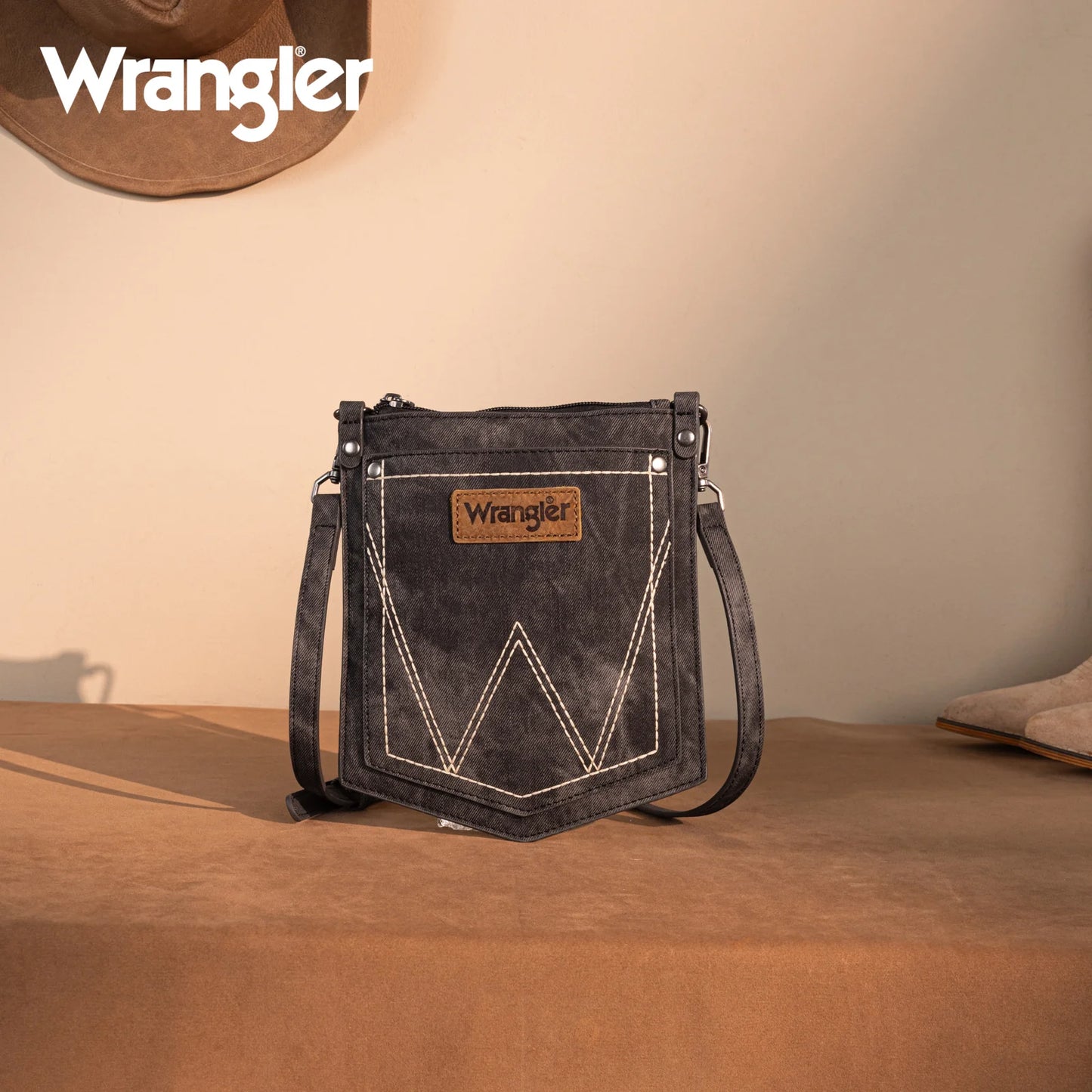 Wrangler "W" Stitch Water Repellent Denim Pocket Crossbody- Black