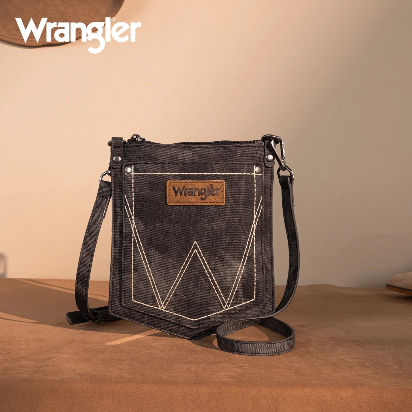 Wrangler "W" Stitch Water Repellent Denim Pocket Crossbody- Black