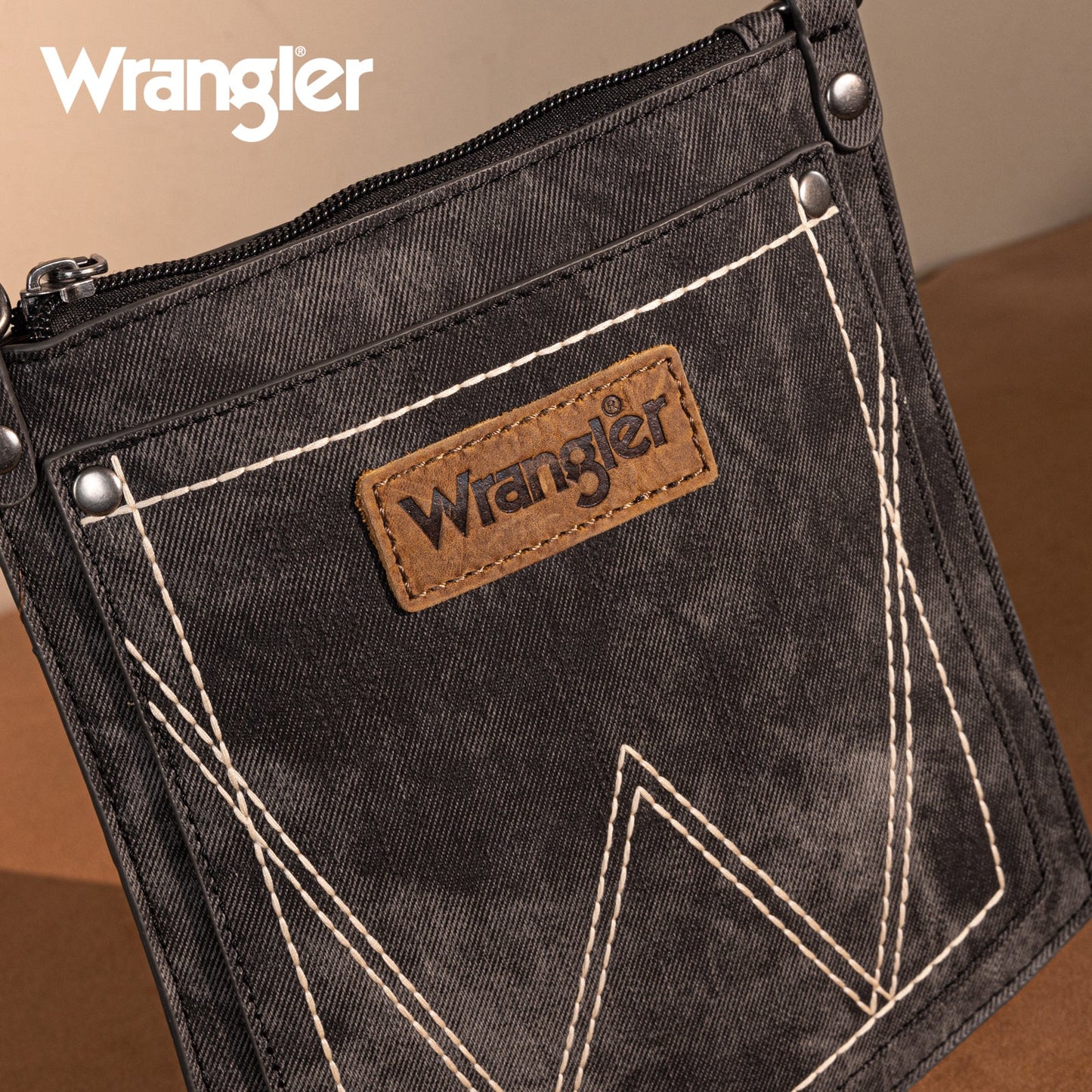 Wrangler "W" Stitch Water Repellent Denim Pocket Crossbody- Black