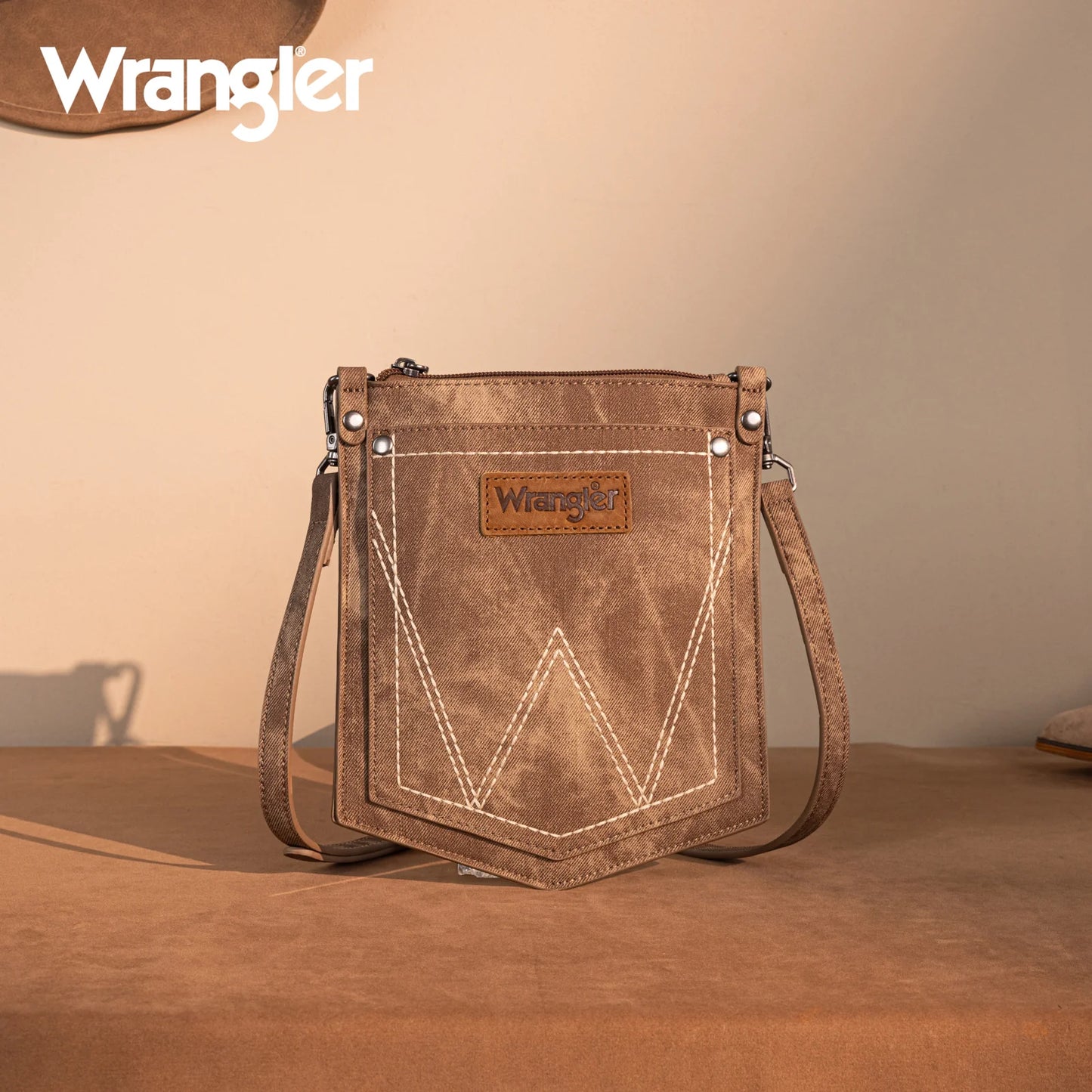 Wrangler "W" Stitch Water Repellent Denim Pocket Crossbody- Brown