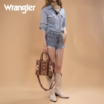 Wrangler Aztec Pattern Dual Sided Print -Tote/Crossbody -Brown