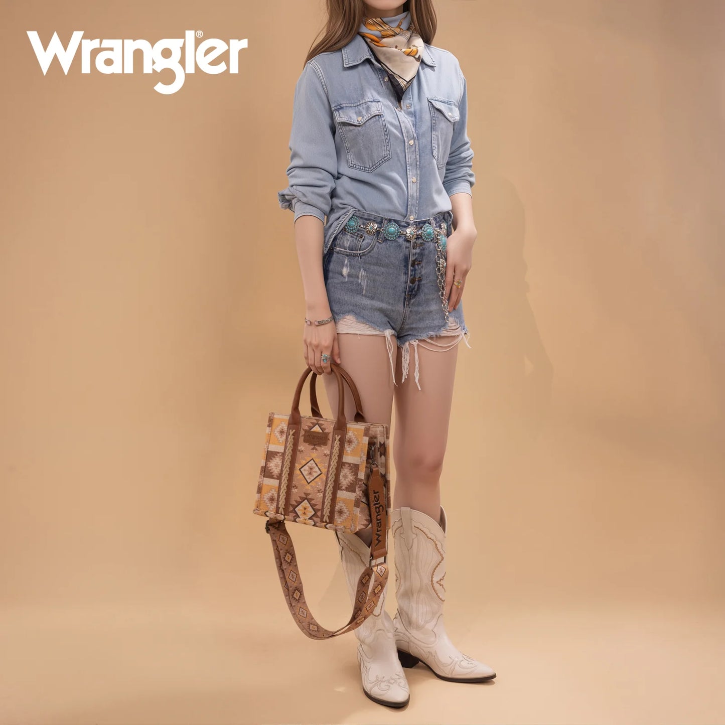 Wrangler Aztec Pattern Dual Sided Print -Tote/Crossbody - Light Brown