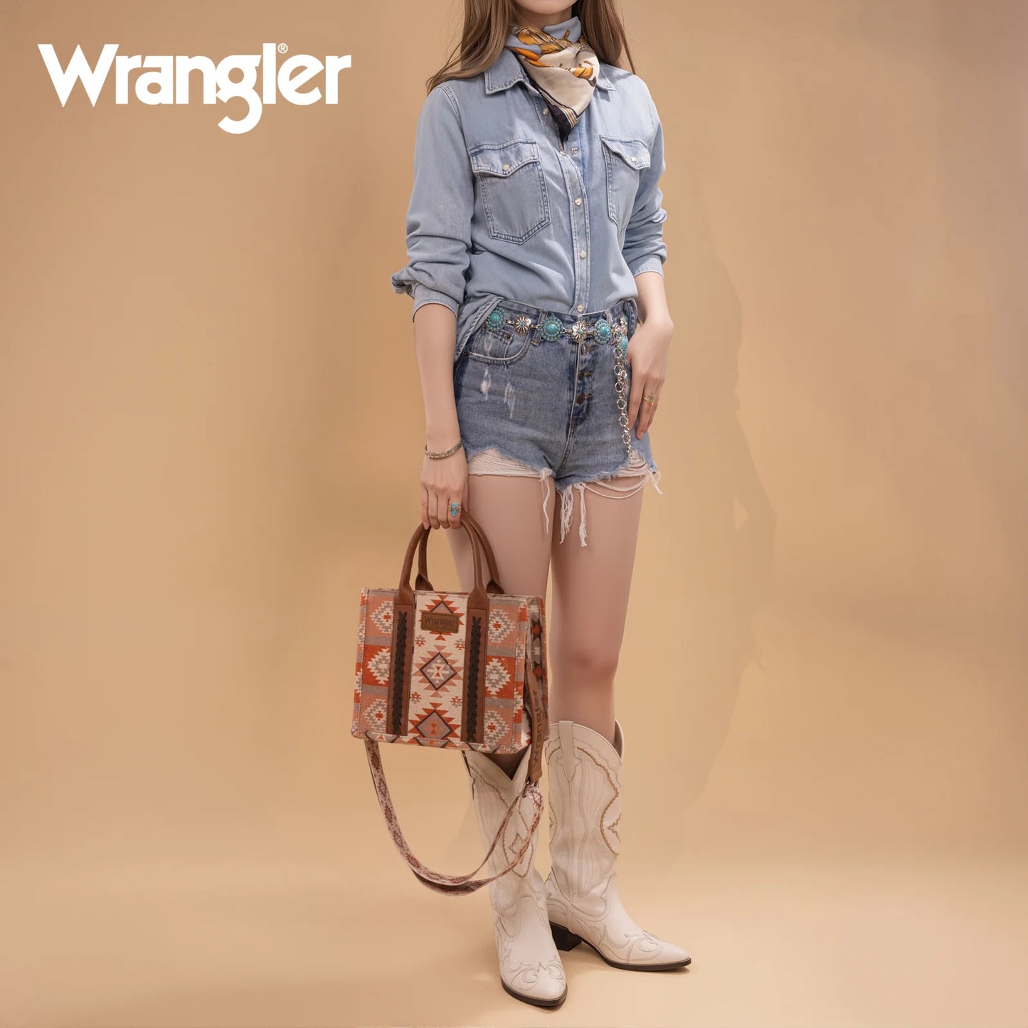 Wrangler Aztec Pattern Dual Sided Print -Tote/Crossbody -Tan