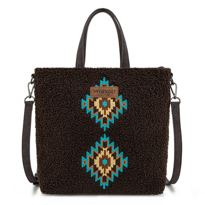 Wrangler Sherpa Aztec Sherpa Tote/Crossbody - Coffee