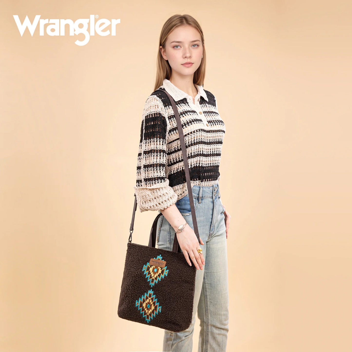 Wrangler Sherpa Aztec Sherpa Tote/Crossbody - Coffee