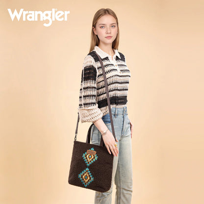 Wrangler Sherpa Aztec Sherpa Tote/Crossbody - Coffee
