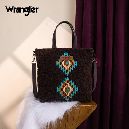 Wrangler Sherpa Aztec Sherpa Tote/Crossbody - Coffee
