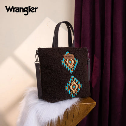 Wrangler Sherpa Aztec Sherpa Tote/Crossbody - Coffee
