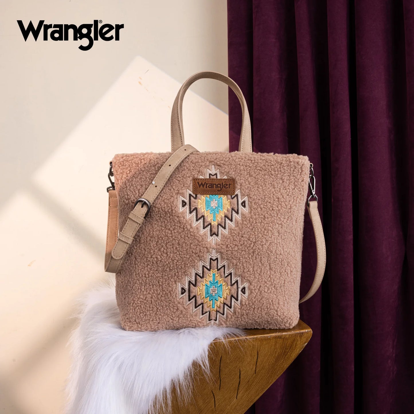 Wrangler Sherpa Aztec Sherpa Tote/Crossbody - Tan