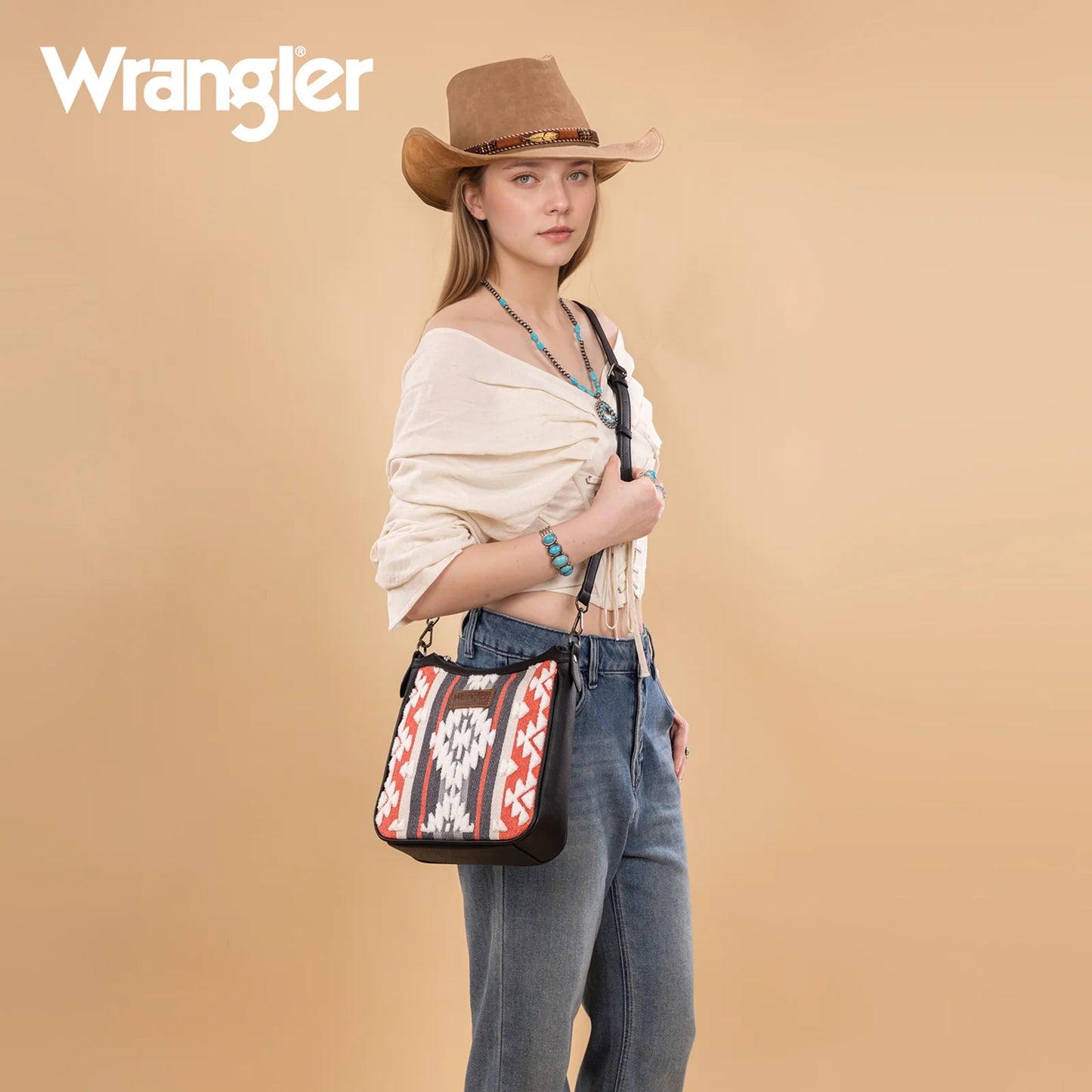 Wrangler Sherpa Aztec Canvas Crossbody - Black