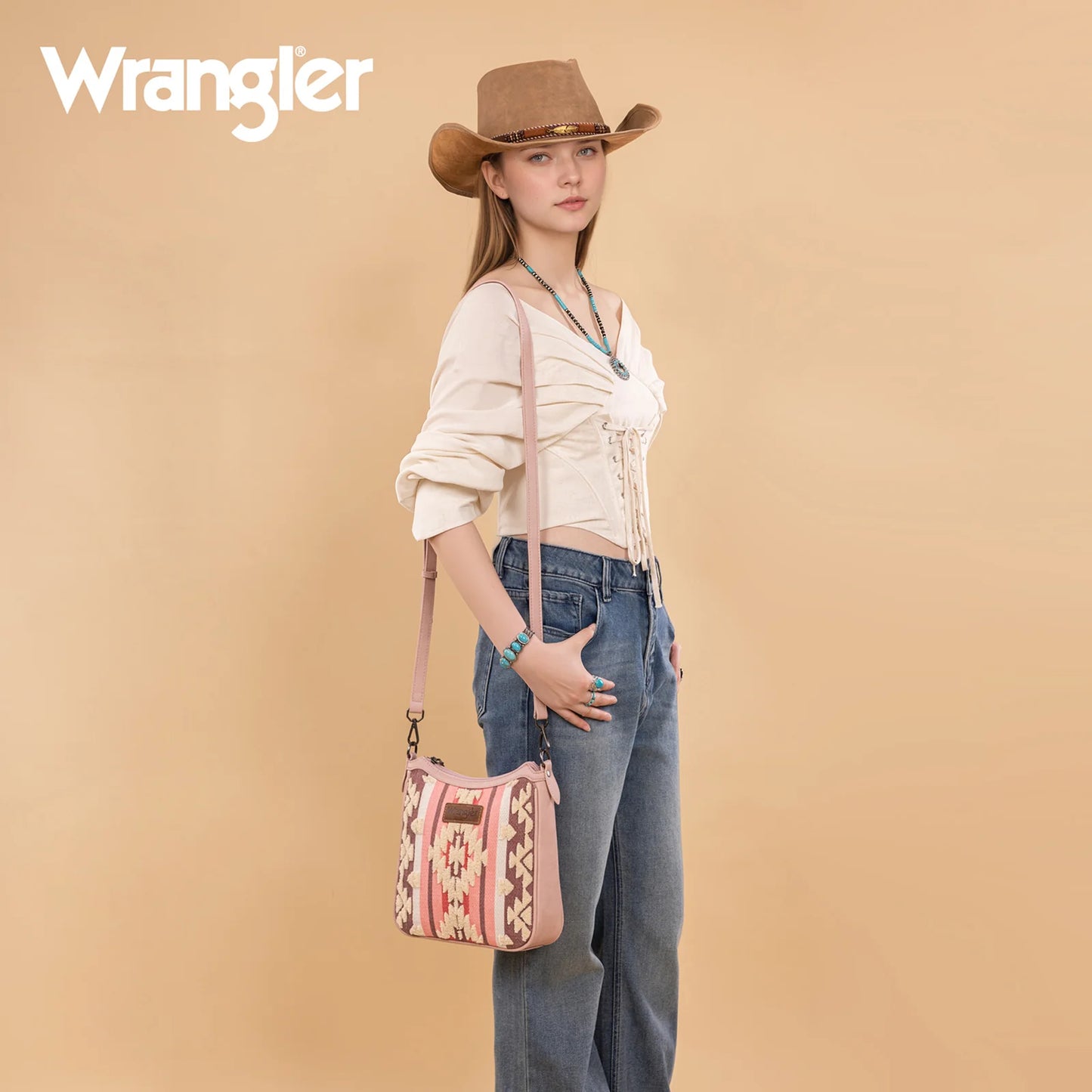 Wrangler Sherpa Aztec Canvas Crossbody - Dark Pink