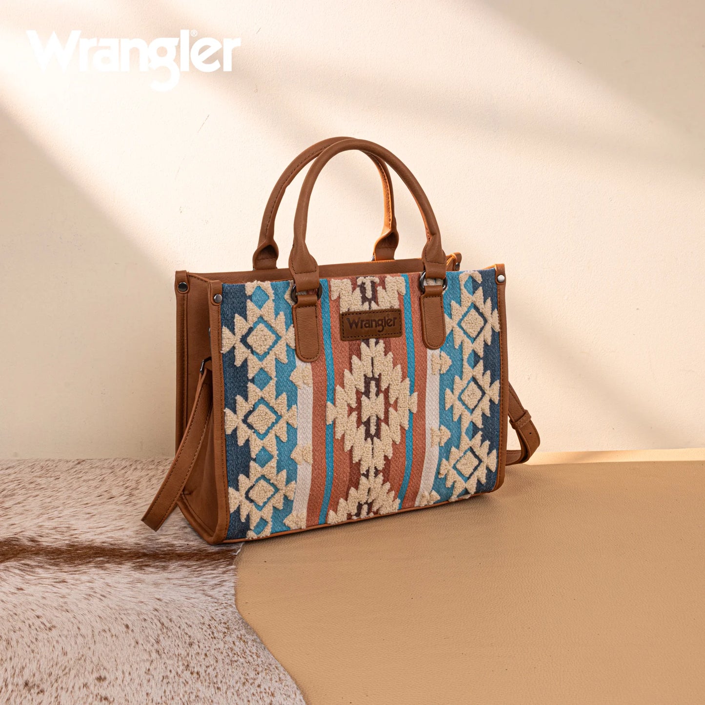 Wrangler Sherpa Aztec Canvas Tote/Crossbody - Brown