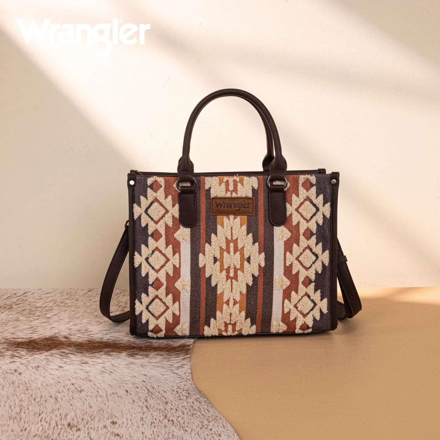 Wrangler Sherpa Aztec Canvas Tote/Crossbody - Coffee