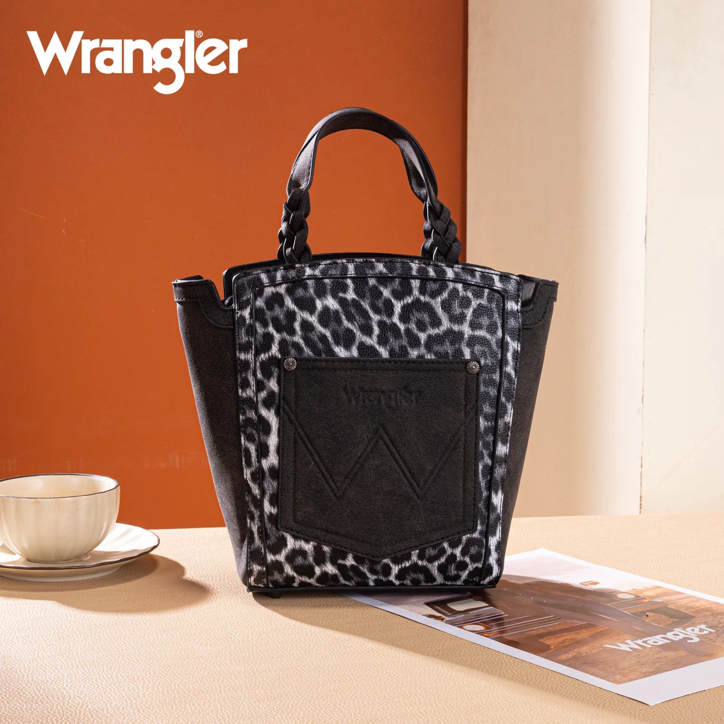 Wrangler Leopard Print Braided Handle Tote/Crossbody - Black
