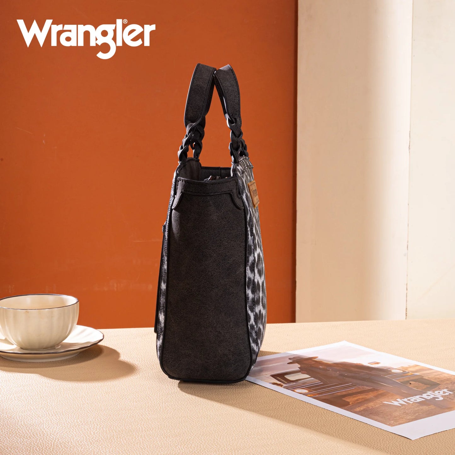 Wrangler Leopard Print Braided Handle Tote/Crossbody - Black