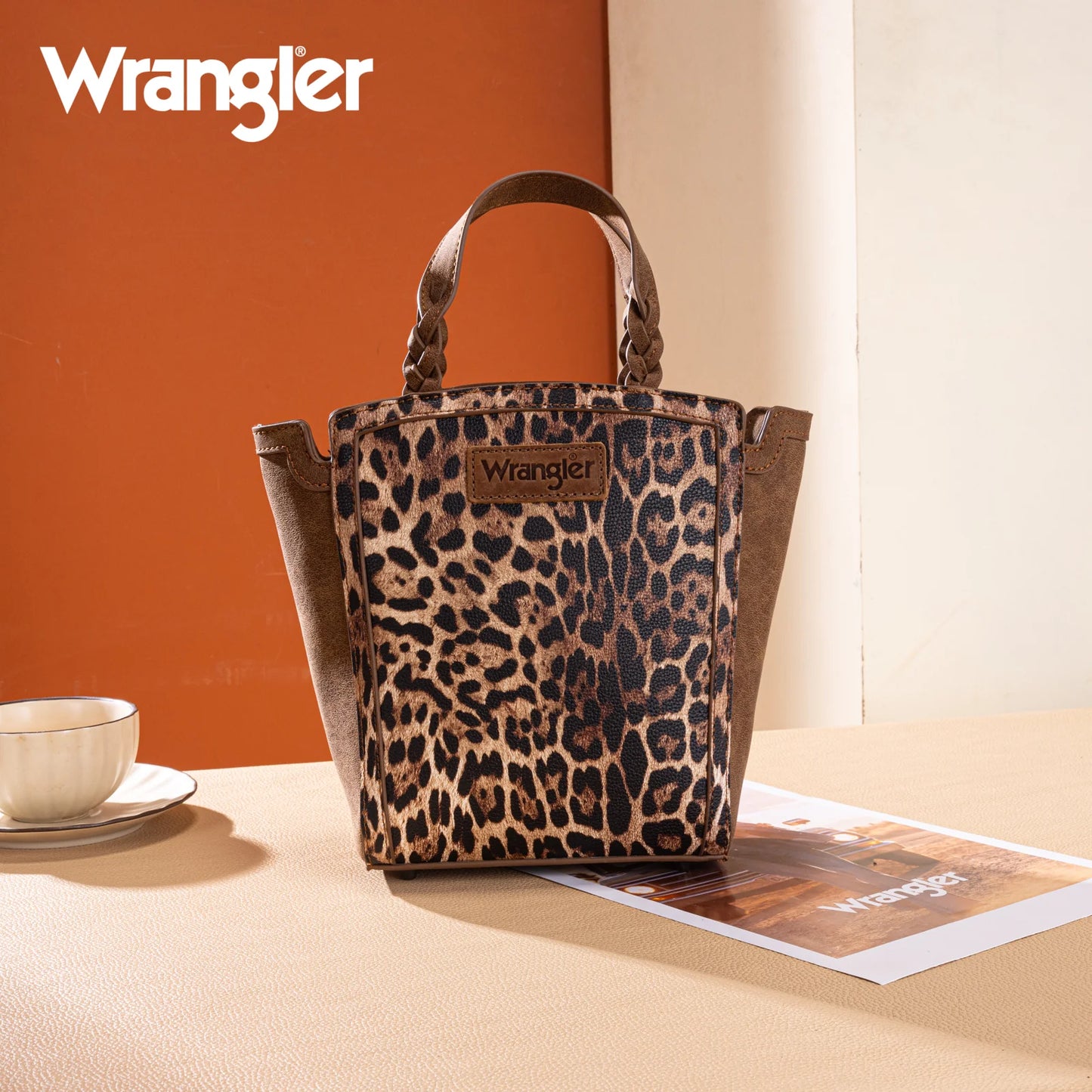 Wrangler Leopard Print Braided Handle Tote/Crossbody - Brown