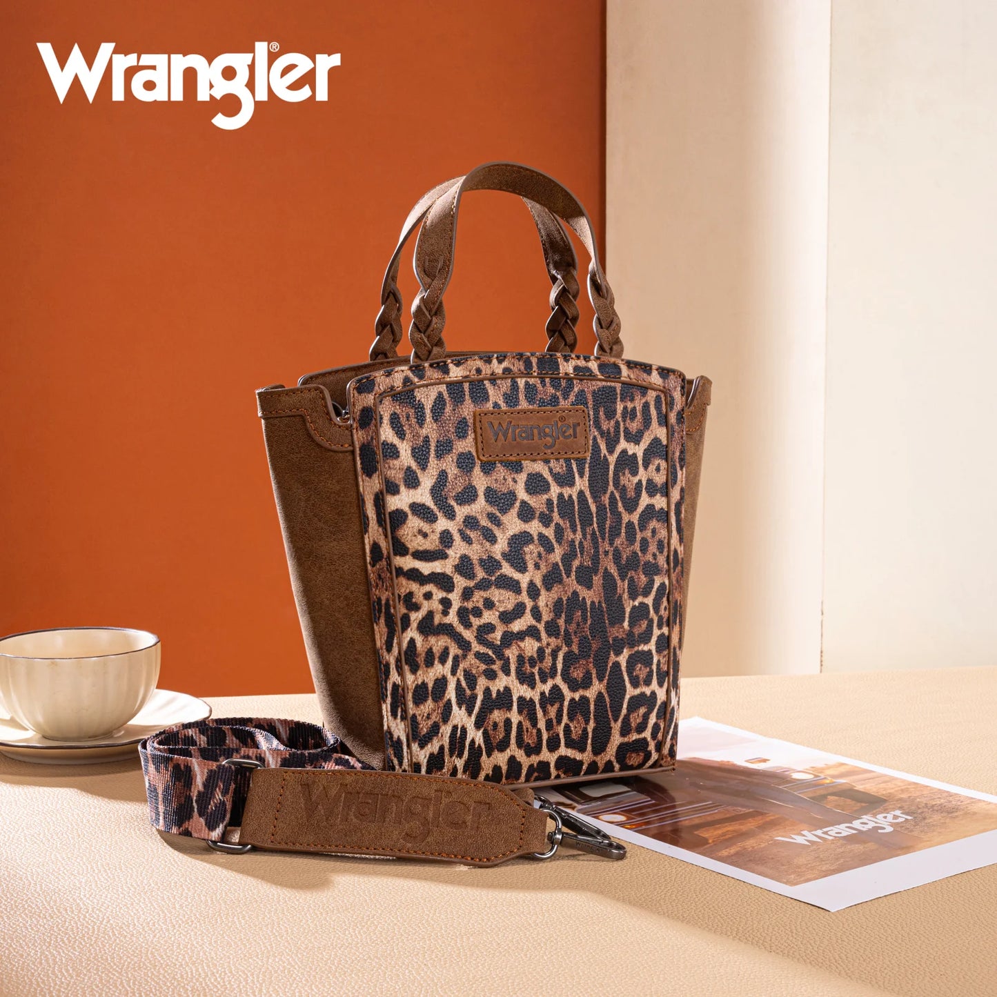 Wrangler Leopard Print Braided Handle Tote/Crossbody - Brown