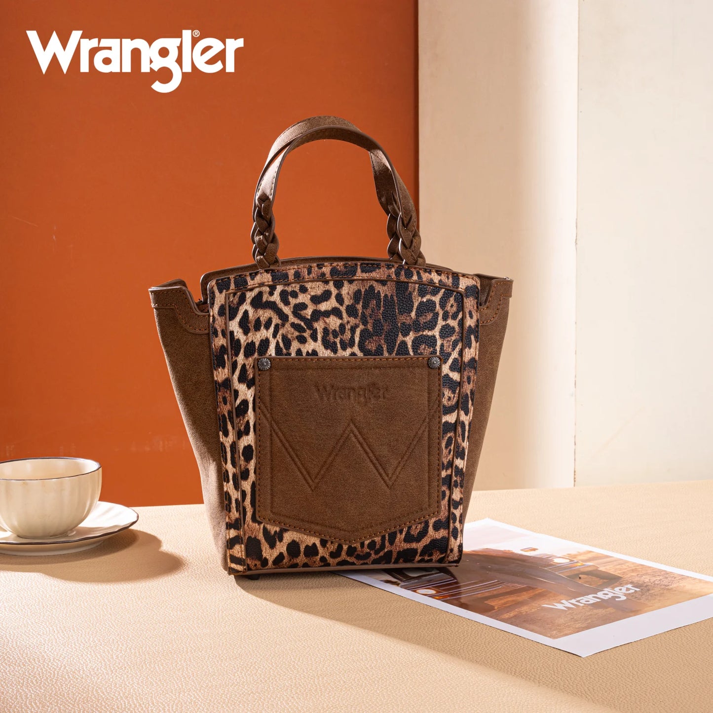 Wrangler Leopard Print Braided Handle Tote/Crossbody - Brown