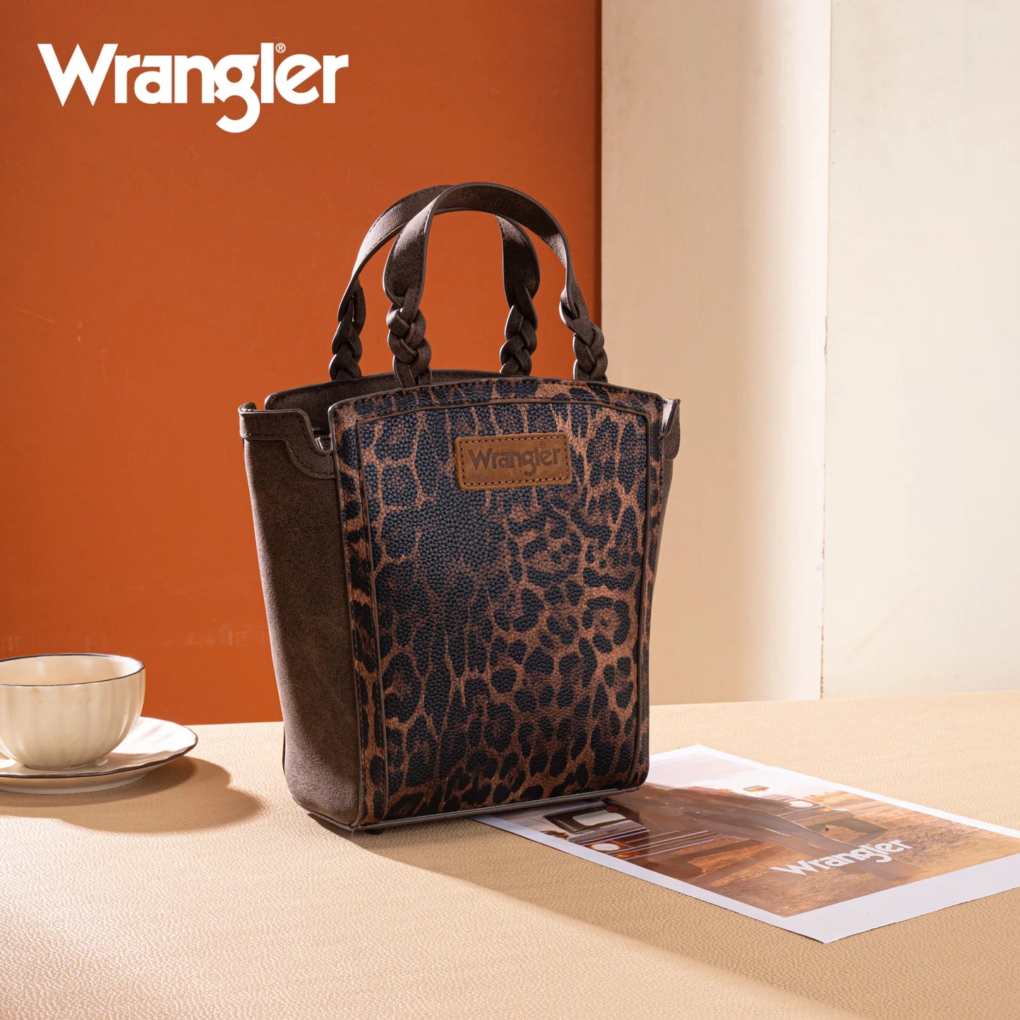 Wrangler Leopard Print Braided Handle Tote/Crossbody - Coffee