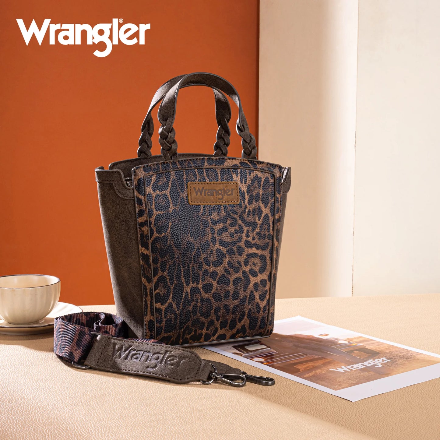 Wrangler Leopard Print Braided Handle Tote/Crossbody - Coffee