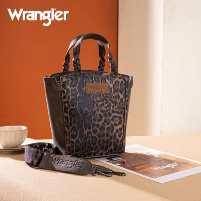 Wrangler Leopard Print Braided Handle Tote/Crossbody - Coffee