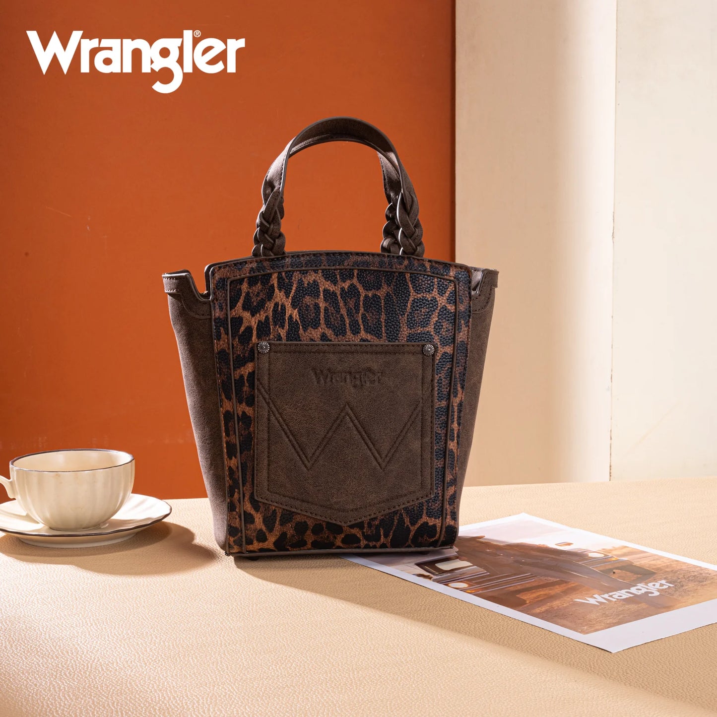 Wrangler Leopard Print Braided Handle Tote/Crossbody - Coffee