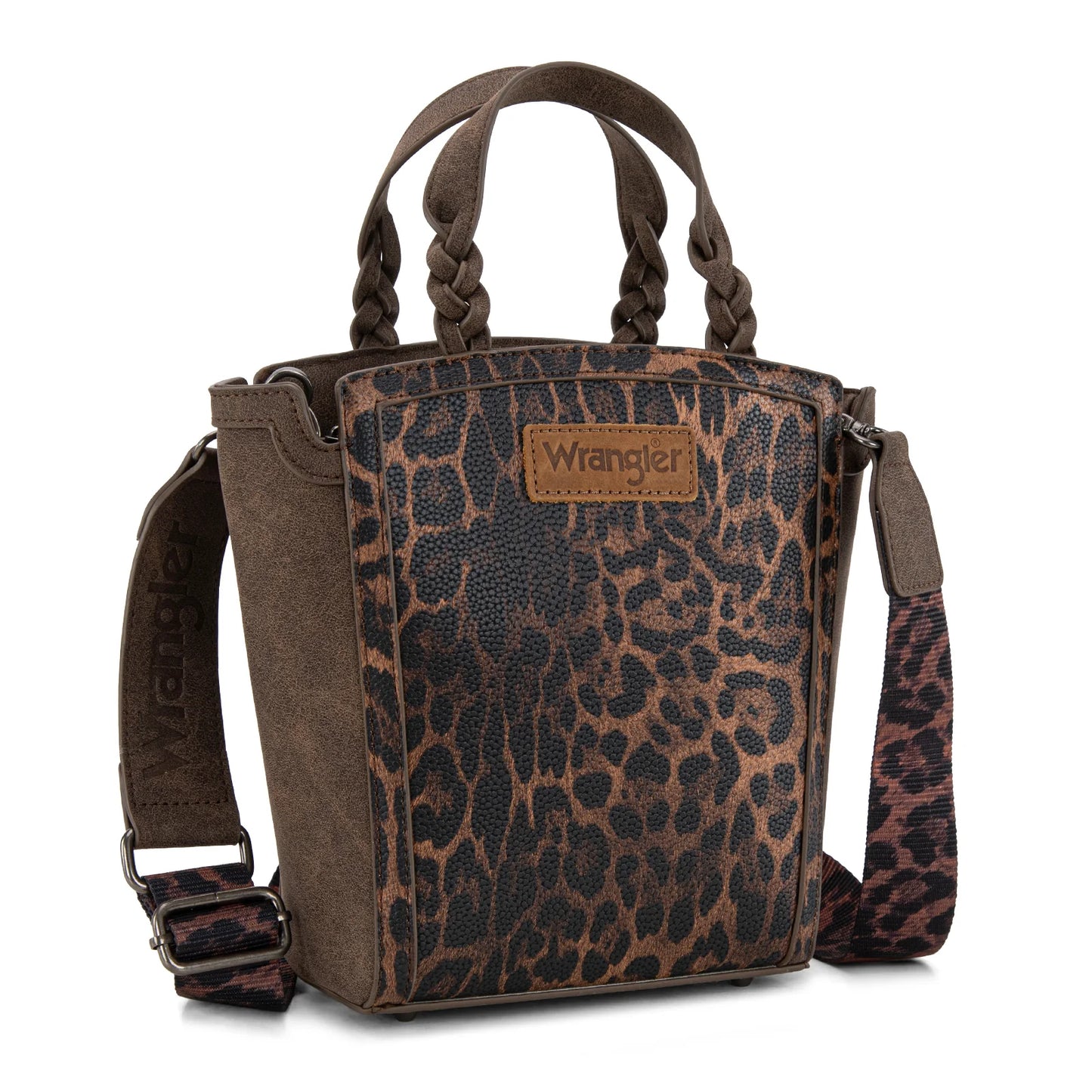 Wrangler Leopard Print Braided Handle Tote/Crossbody - Coffee