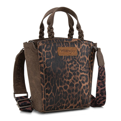 Wrangler Leopard Print Braided Handle Tote/Crossbody - Coffee