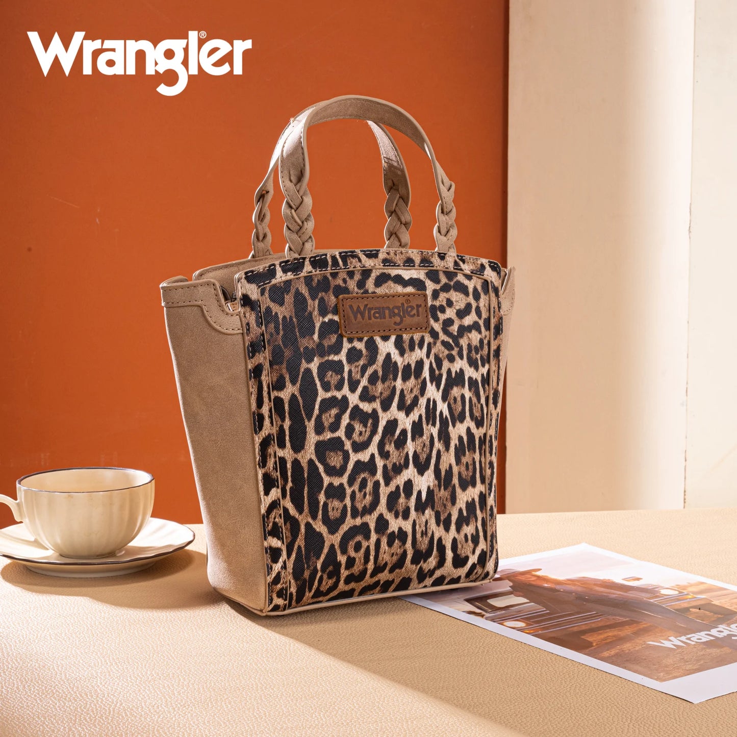 Wrangler Leopard Print Braided Handle Tote/Crossbody - Tan