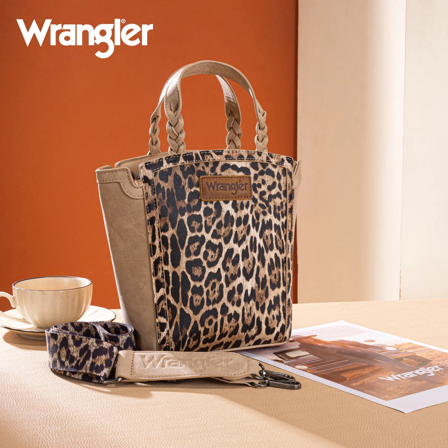 Wrangler Leopard Print Braided Handle Tote/Crossbody - Tan