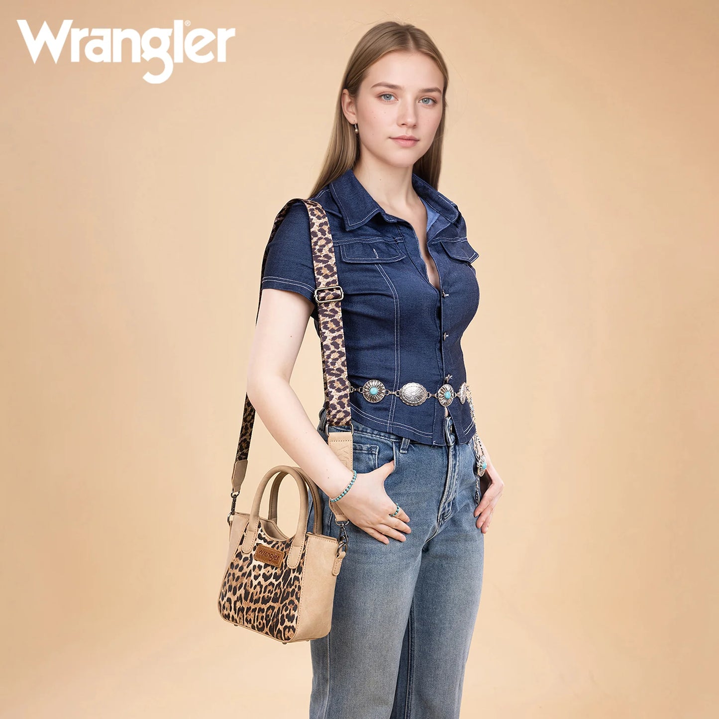 Wrangler Leopard Print Small Tote/Crossbody - Tan
