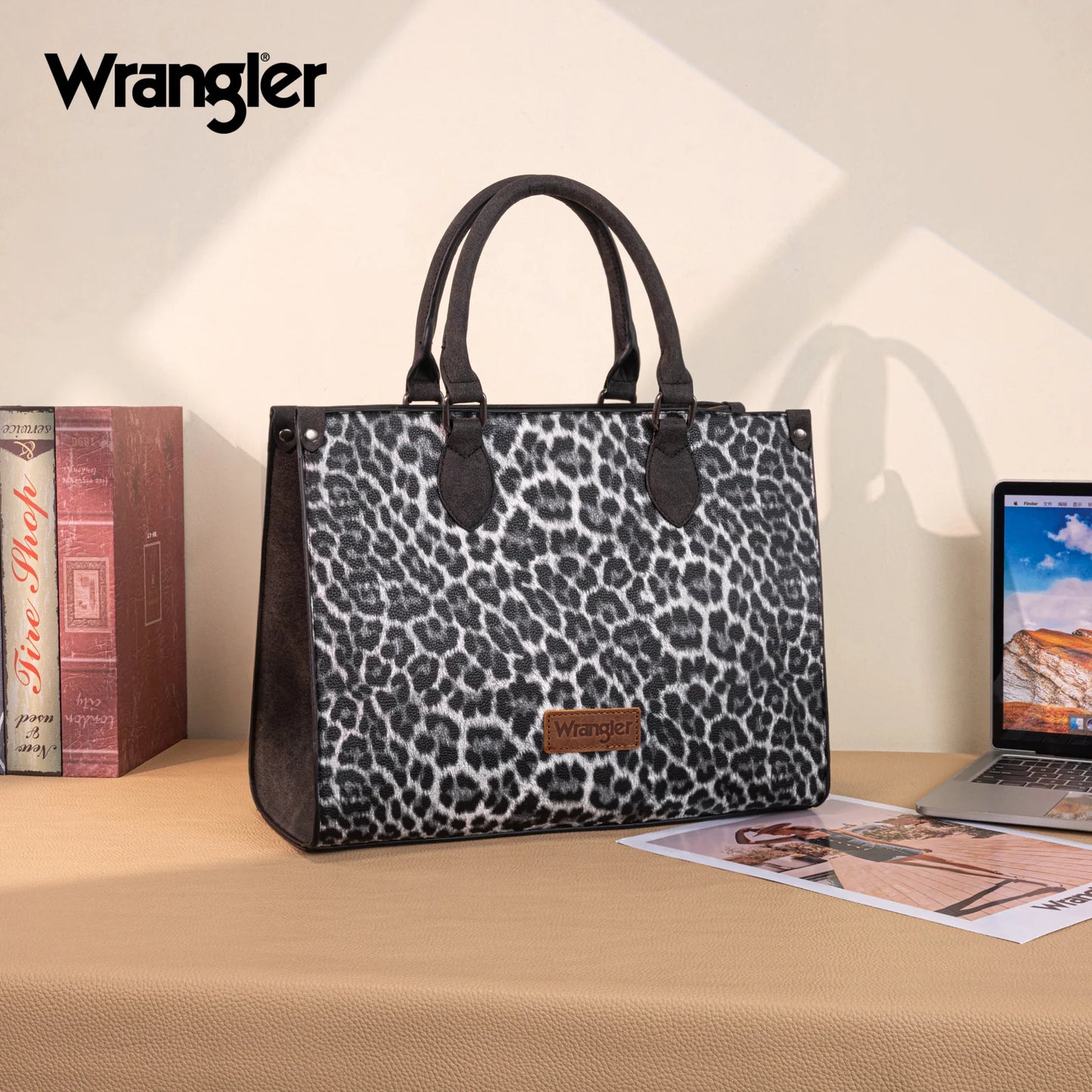 Wrangler Leopard Print Wide Tote Bag/Crossbody - Black